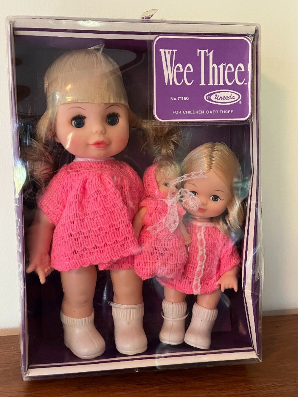 Uneeda Wee Three Dolls Set 71160 Vintage Blonde Sleep Eyes Pink Dresses NEW 70s